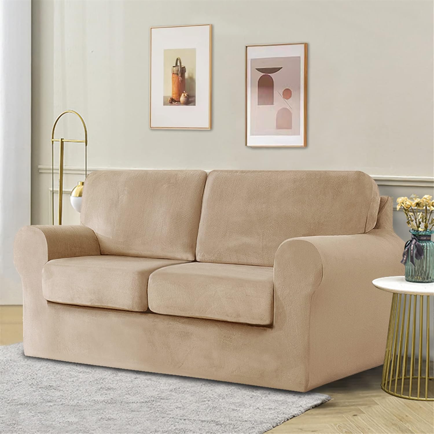 Sofa Cover Washable 5-Piece Stretch Velvet Set Elastic Loveseat Slipcover for 2 Seater Couch with Separate Backrests Cushion Covers - Sand Color Soft