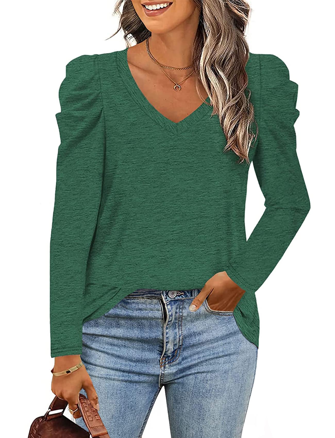 LCXWFE Womens Tunic Tops Puff Sleeve Casual V Neck Long Sleeve Shirts Solid Color S-2XL