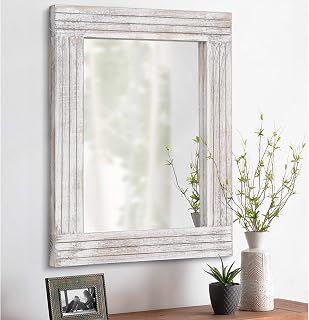 Rustic Wooden Frame Wall Mirror 16x12 Inch - Vintage Farmhouse Hanging Mirror for Bedroom Bathroom Living Room White