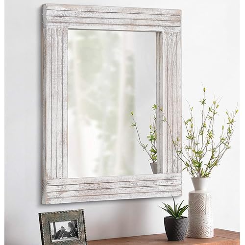 HLFMVWE Mirrors for Wall Rustic Wooden Frame Rectangle Mirror Vintage Hanging Mirror for Bedroom Bathroom Living Room Farmhouse Wall Decor White Large 20" x 16 "