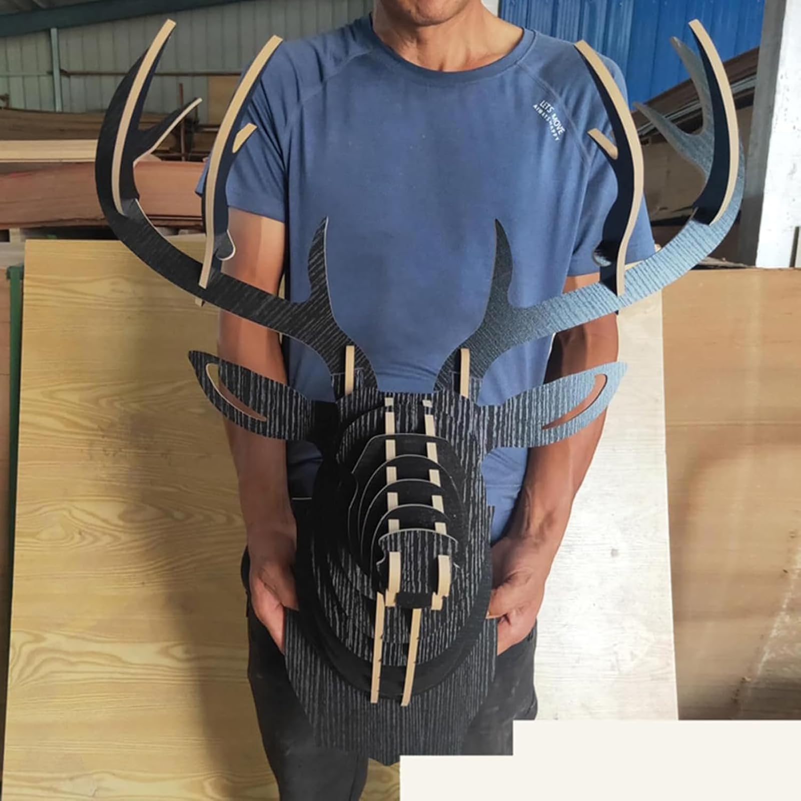 3D drewniana rzeźba jelenia do dekoracji ściennej, jeleń z porożem DIY, dekoracja ścienna w kształcie głowy zwierzęcia, 3D drewniana układanka, rzeźba trofeum,Black