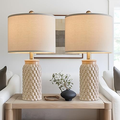 Juego de 2 lámparas de noche de cerámica moderna de 20.5 pulgadas para decoración de dormitorio, lámpara de mesa de granja para sala de estar,