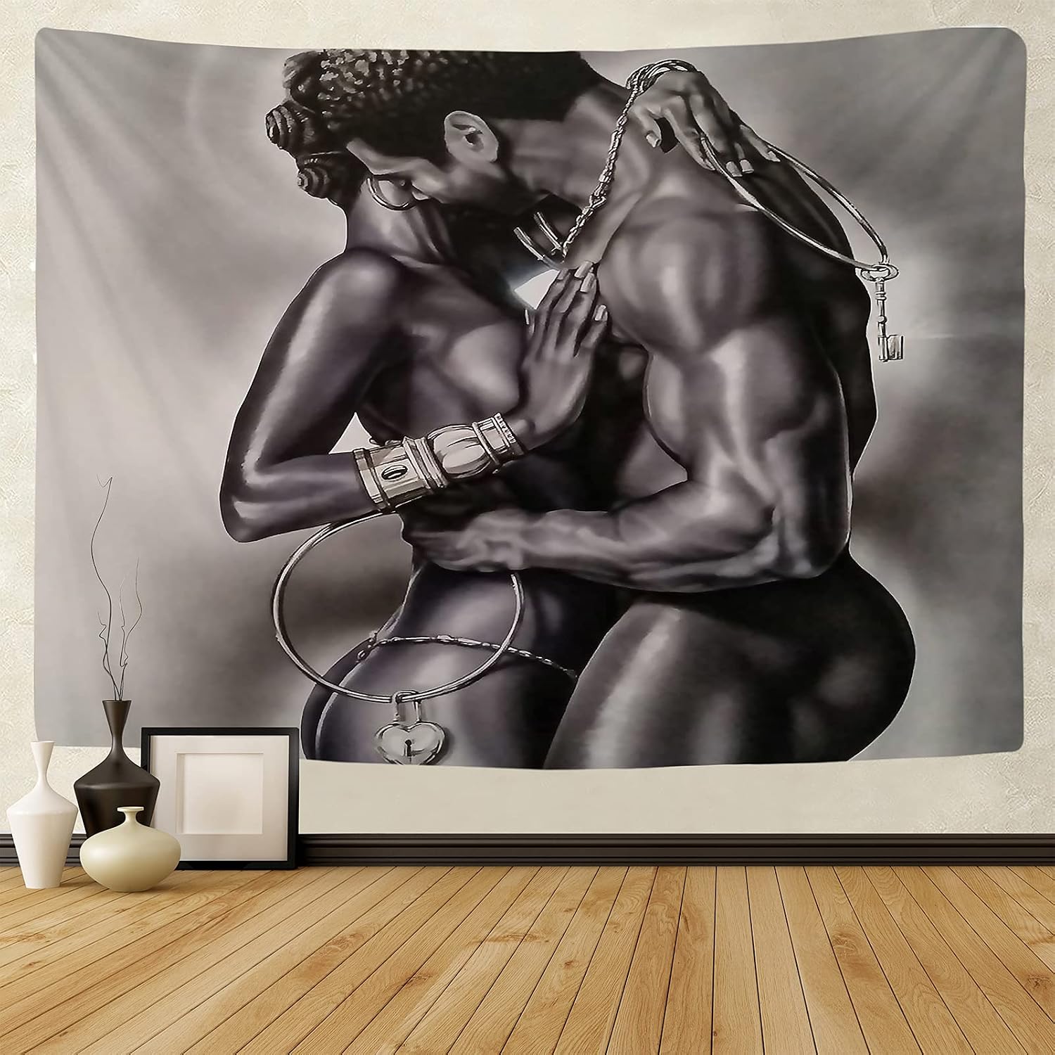 SARA NELL Tapestry African American Couple Make Love Black Art Tapestries Hippie Art Black Art Wall Hanging Throw Tablecloth 50X60 Inches for Bedroom Living Room Dorm Room