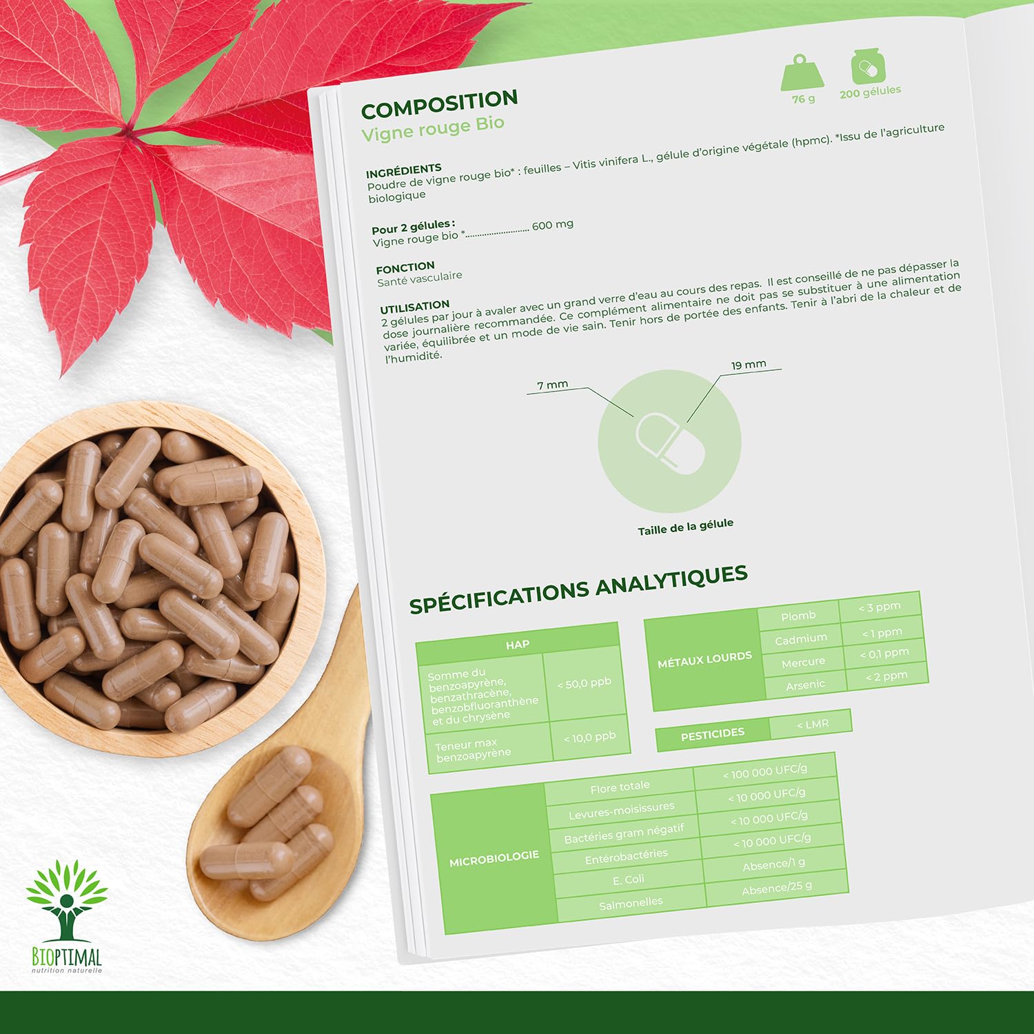 Vigne rouge Bio - Complément alimentaire Bioptimal - Jambes Lourdes Peau Saine Circulation Sanguine Hémorroïdes - 300 mg de Feuille de Vigne x gélule - Made in France - Certifié Ecocert - 200 gélules