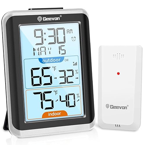 Miniatura 1 de Geevon Termómetro e higrómetro inalámbrico para interiores y exteriores, sensor digital de temperatura y humedad con tiempo, reloj, rango de 200