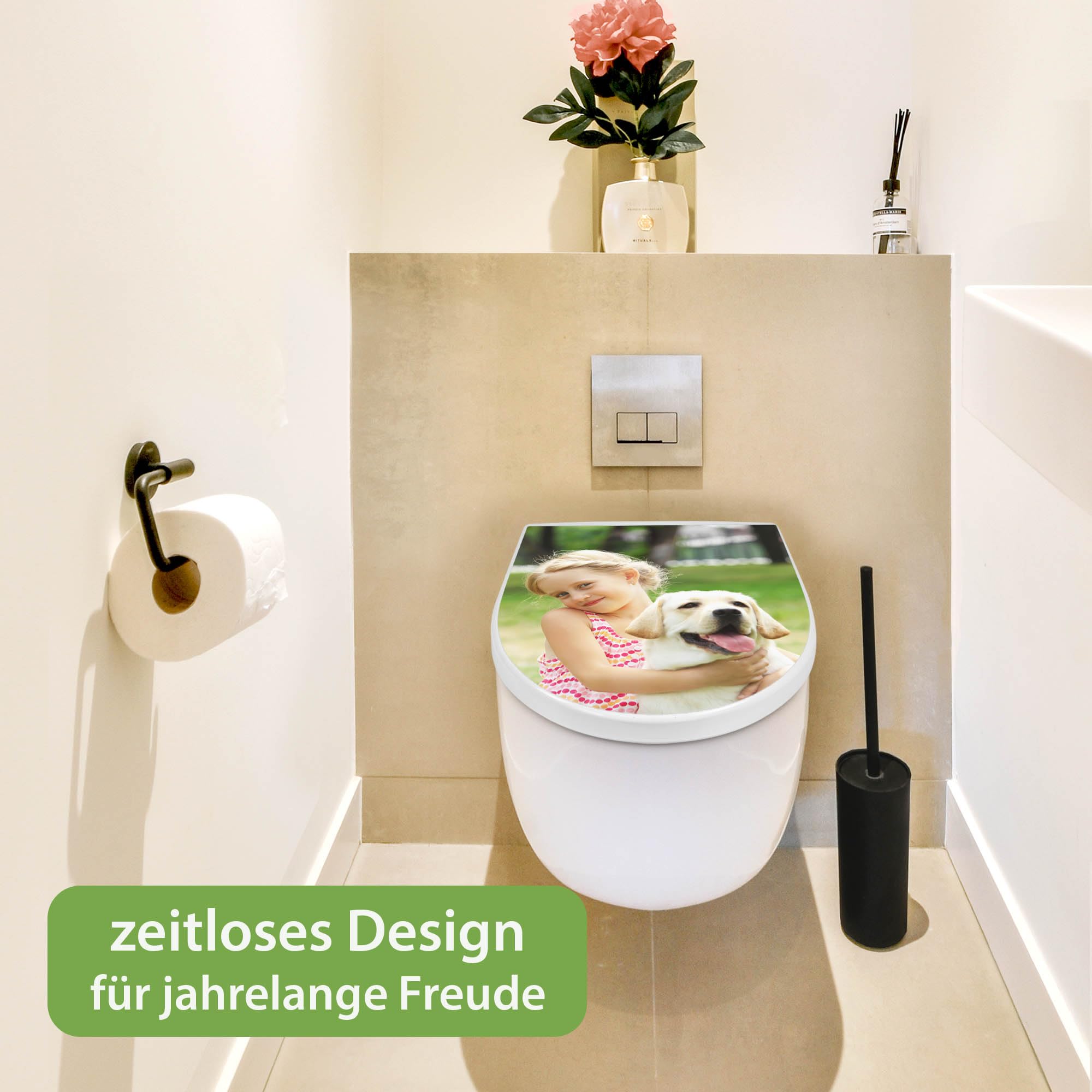 banjado WC Sitz mit Absenkautomatik D Form - Toilettendeckel mit Absenkautomatik D Form - Klodeckel Softclose - stabile Klobrille - Toilettensitz Weiß - Motiv Wunschmotiv