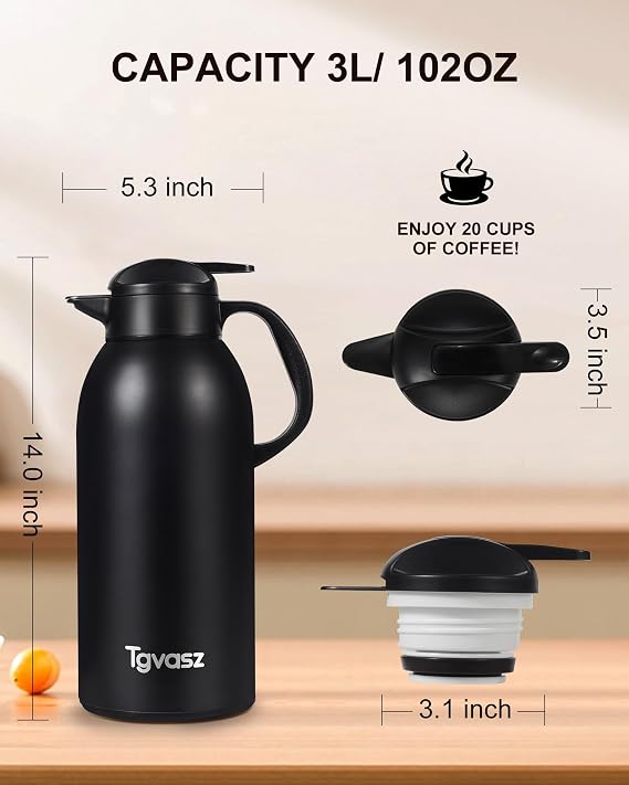 2 PCS Thermal Coffee Carafe 102 oz / 3L - Up to 24 Hours Hot, Insulated Stainless Steel Aipot for Hot Liquids, Coffee Carafes For Keeping Hot Coffee for Parties -Large Tea Carafe Flask(Black+Black)