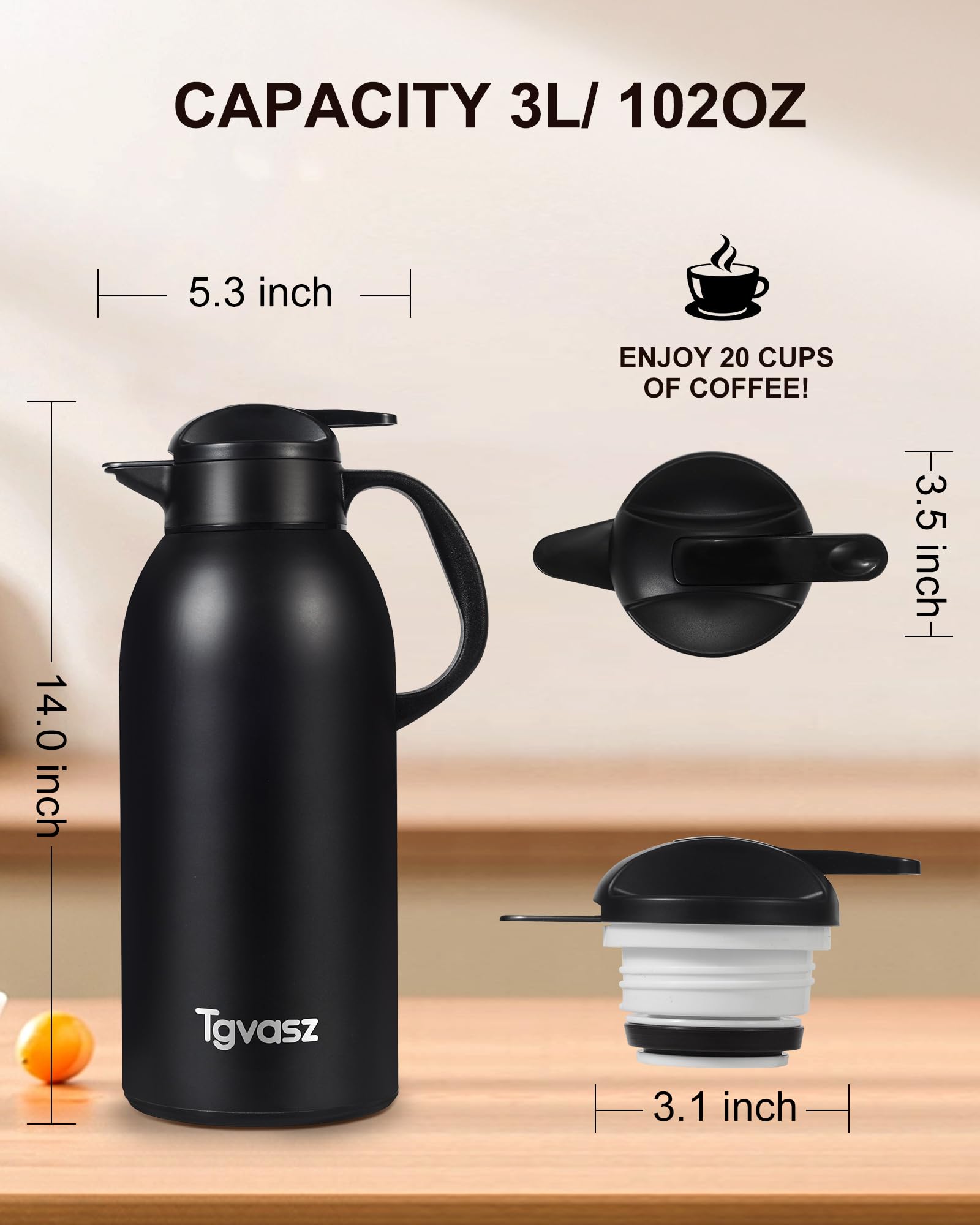 2 jarras térmicas de café de 3 l, hasta 24 horas de calor, aisladas de acero inoxidable para líquidos calientes, jarras de café para mantener el café caliente para fiestas, jarra de té grande (negro +