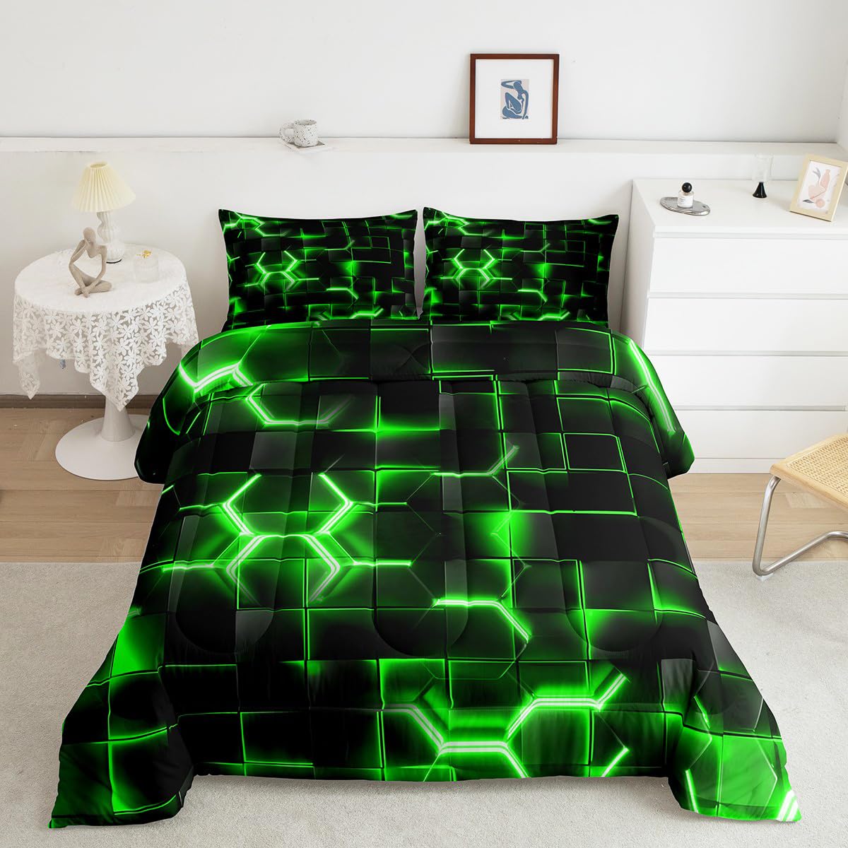 Feelyou Green and Black Bedding Set King Size Honeycomb Comforter Set for Kids Boys Girls Decor Hexagon Theme Comforter Geometrical Beehive Duvet Set