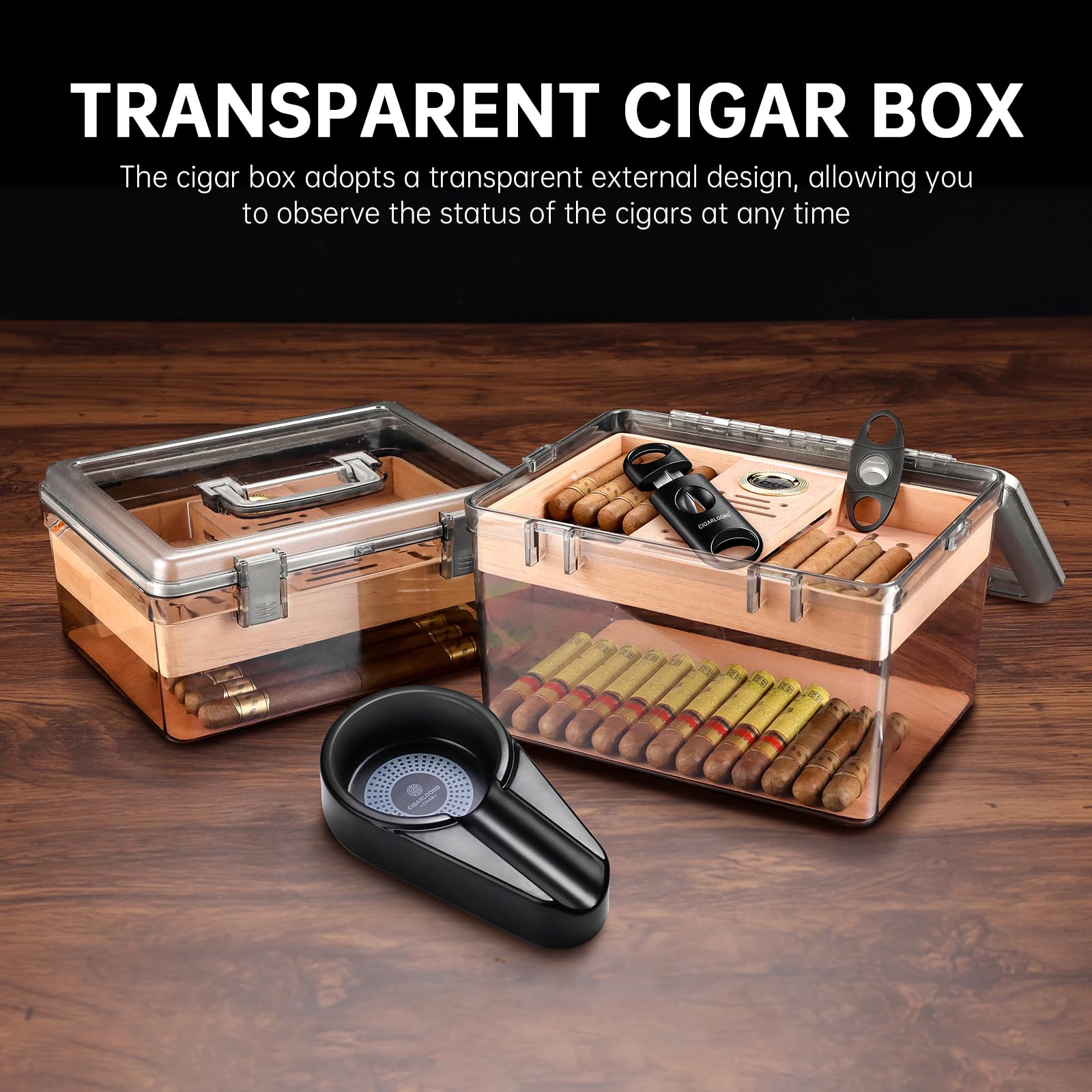 Acryl Zigarren Humidor Set mit Luftbefeuchter und Hygrometer, transparenter Humidor Fall Eingebautes Zedernregal, tragbarer Desktop Humidor Box Lagerung für etwa 80 Zigarren (Medium)