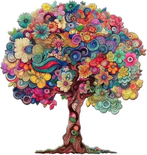 Wooden Jigsaw Puzzle, Colourful Floral Tree Design, Laser-Cut Unique Shapes, Wall Decor, Gift Box Included, Ages 3+