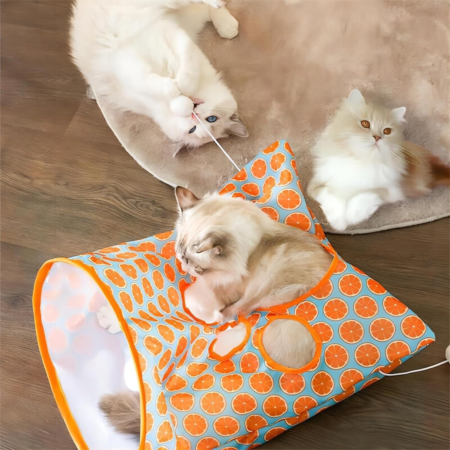 Juguete de túnel plegable para gatos, bolsa plegable para ocultar y jugar para interiores, juguete interactivo de cueva para gatos, con 1 ratón pequeño y 3 bolas de juguete, patrón naranja