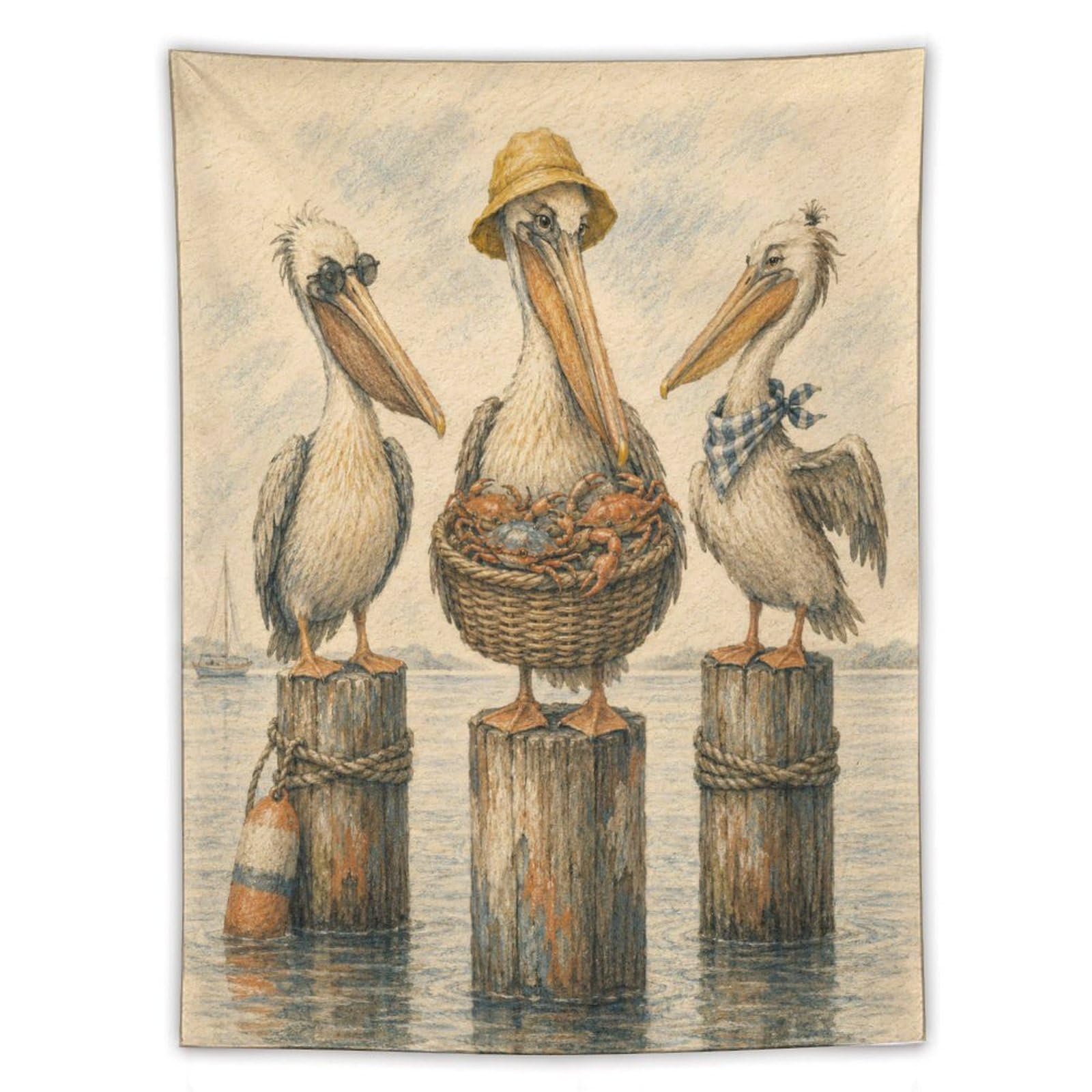 W7C8U2X3 Pelicans on Wooden Posts Wall Tapestry, Watercolor, College Dorm