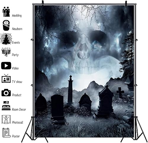 Miniatura 4 de Renaiss Telón de fondo de Halloween de 5 x 7 pies para sesión de fotos, retrato de terror, noche de terror, nubes oscuras, calavera aterradora,