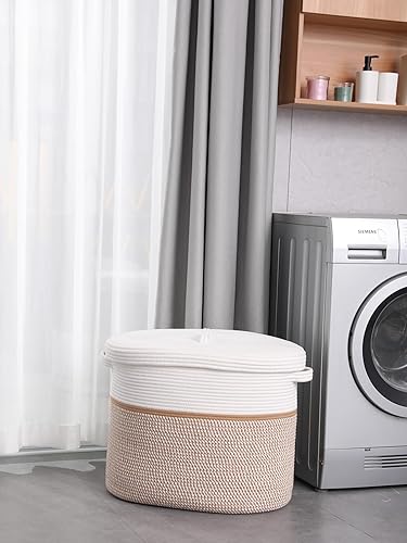 Miniatura 9 de Cesta de almacenamiento rectangular extragrande de 22 x 14 x 18 pulgadas con tapa, cesta de almacenamiento grande de cuerda de algodón, cesta de