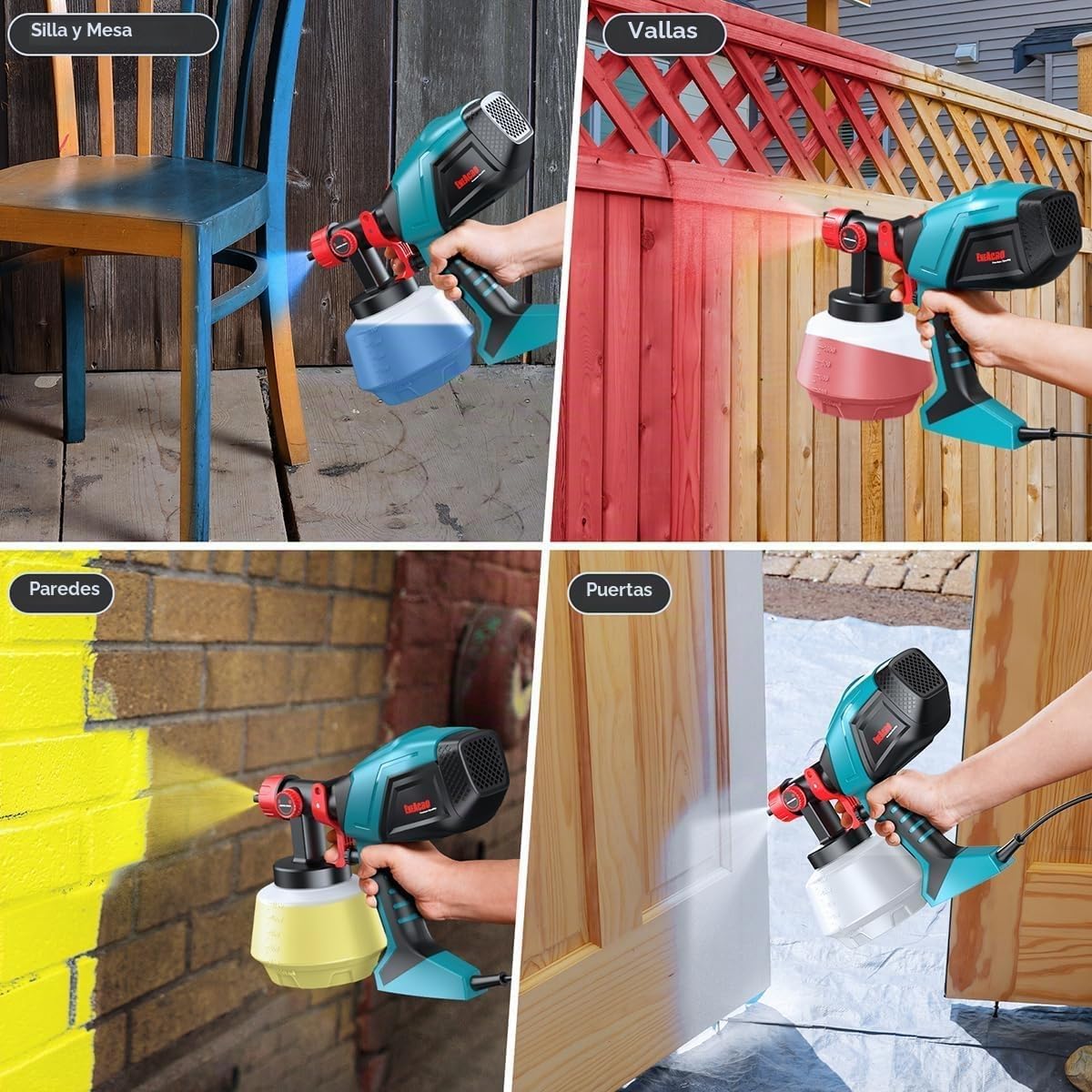 ENEACRO HVLP Pistola de Pintura, 720W Pulverizador Eléctrico con Contenedor de 1200ml, Flujo y Ángulo de Rociado Ajustables, 5 Boquillas de Latón para Interiores y Exteriores