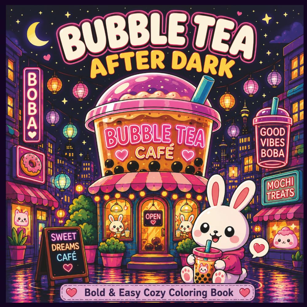 Bubble Tea After Dark: Bold & Easy Cozy Coloring Book (Neon Treats Collection)