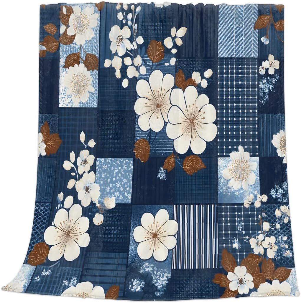 Vintage Plaid Floral Throw Blanket Soft Flannel Throw Blanket Lightweight Puffy Plush Fuzzy Bed Blanket for Bedding Sofa and Travel 55"X 70"