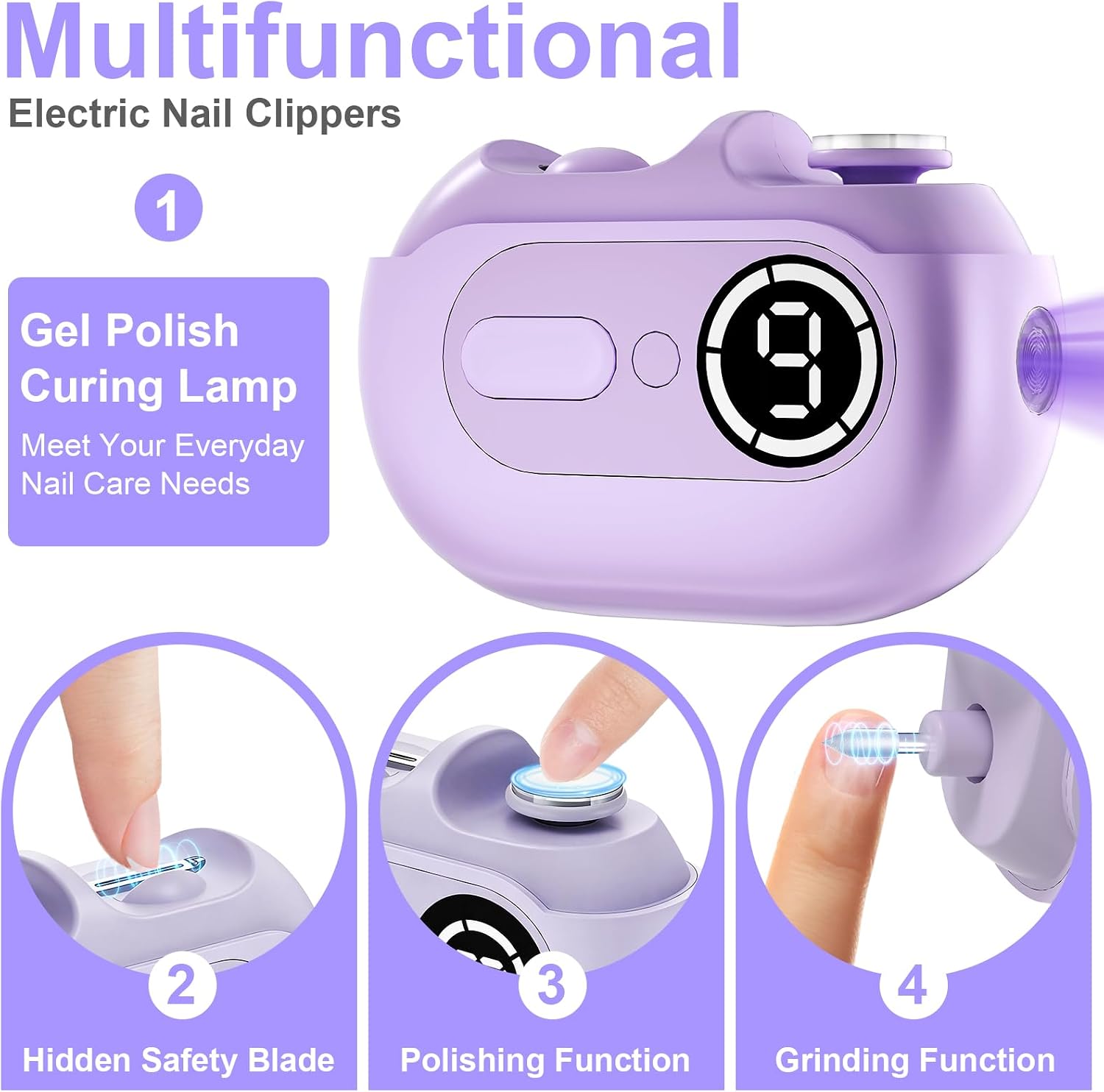 4 in 1 Electric Nail Clipper for Seniors, Automatic Nail Trimmer with Night Light & 9 Speeds Nail Polisher Fingernail Clippers for Women & Men Nail Grinder Files for Elderly