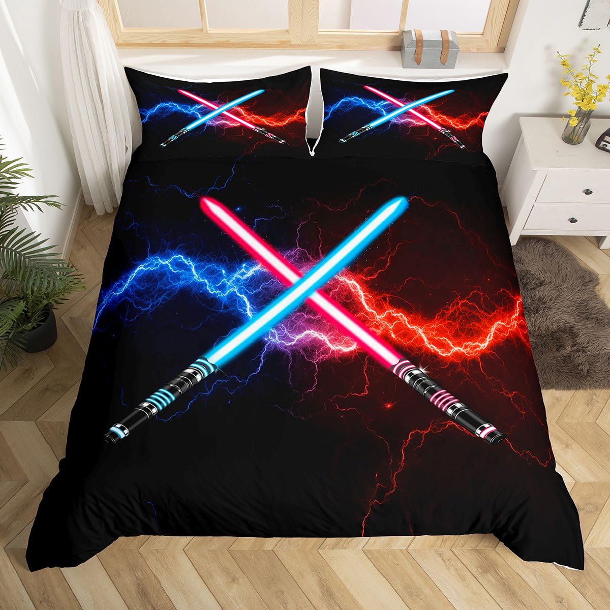 Blue Purple Lightsaber Duvet Cover Set Twin Size,Neon Glowing Lightning Bedding Set 2Pcs,Fashion Games Comforter Cover for Kids Boys Girls Teens Room
