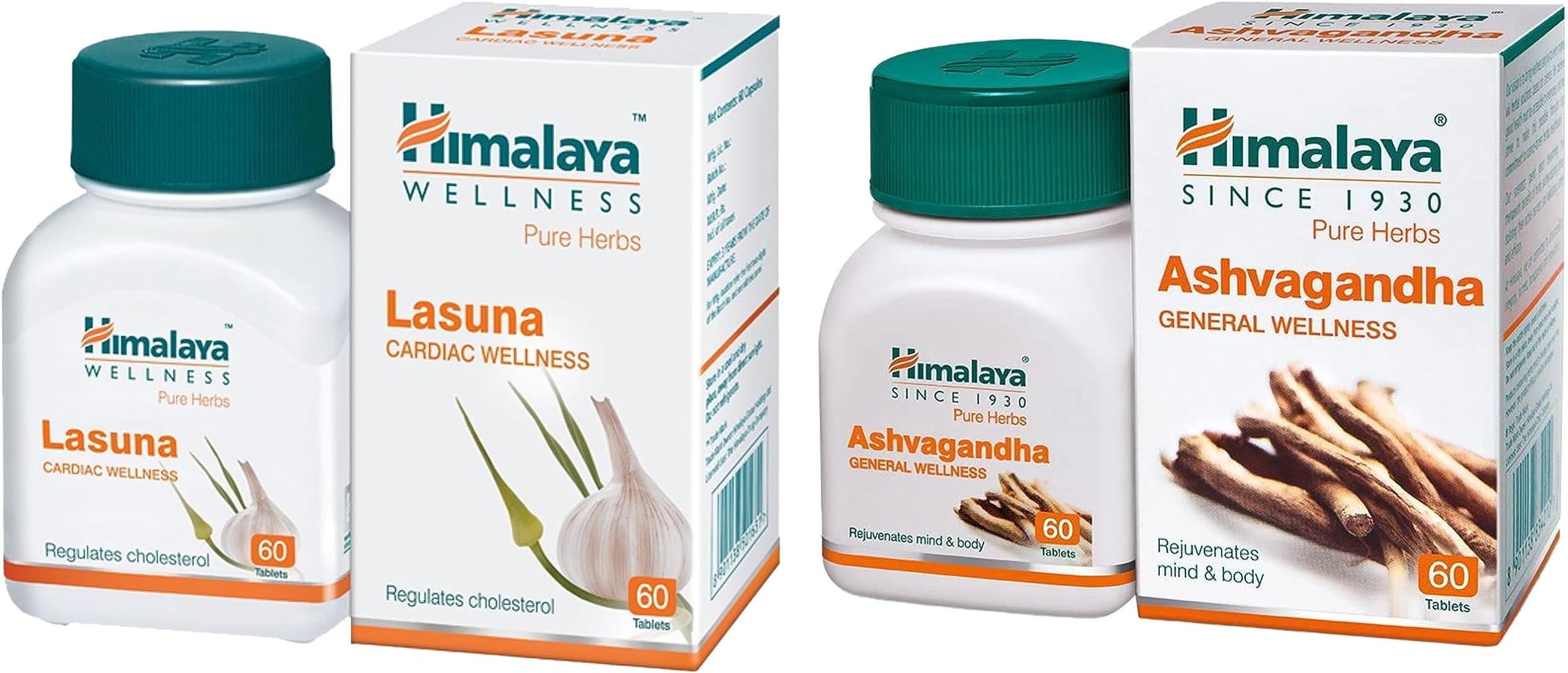 Wellness Pure Herbs Ashvagandha General Wellness - 60 Tablets & Himalaya Wellness Pure Herbs Lasuna Cardiac Wellness - 60 Tablets
