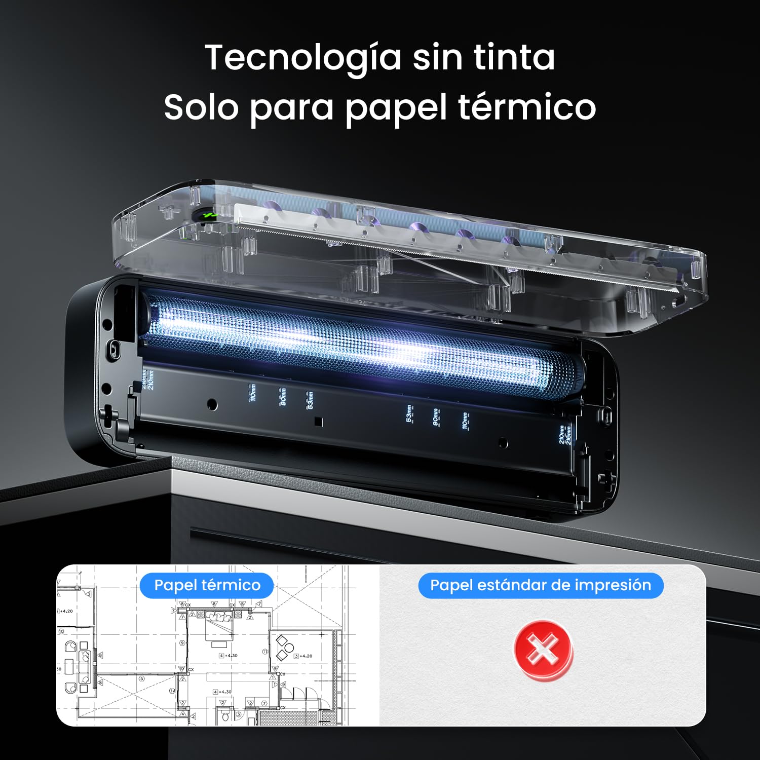 TATTMUSE Impresora Térmica A4 Portátil para Viajes, 300DPI, Negro | Bluetooth y USB-C, 5 formatos (53-216mm), 690g, sin tinta, app. Ideal para coche, oficina y viajes.