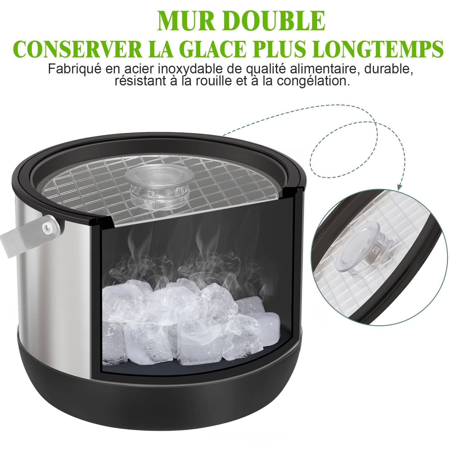 Contenitore per cubetti di ghiaccio da 4,8 l, con coperchio e pala, in acciaio inox, senza BPA, a doppia parete, per cocktail bar e feste