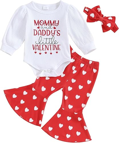 Muasaaluxi Mameluco para bebé recién nacida, para el día de San Valentín, mameluco con diseño de corazón acampanado y diadema