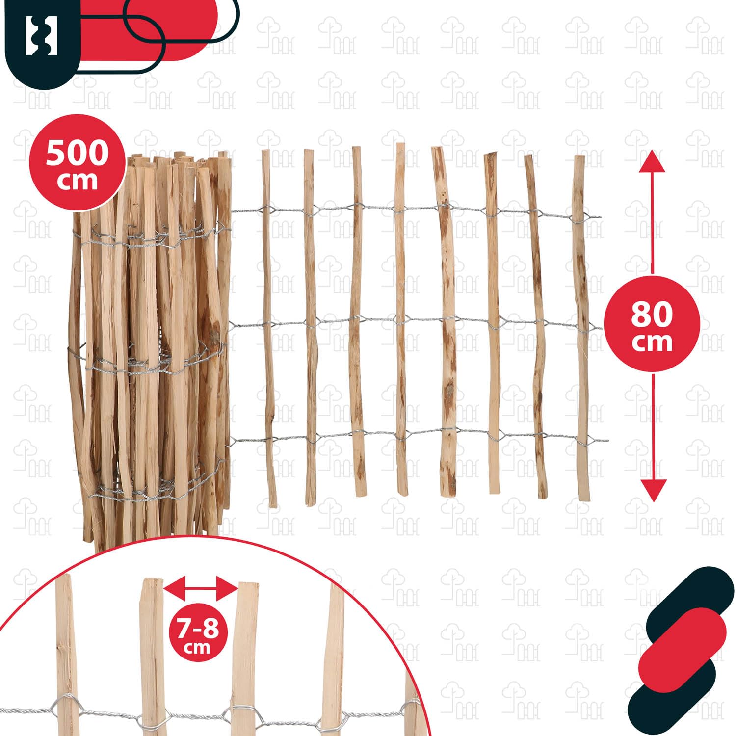 KOTARBAU® Valla de estacas de madera, 0,8 m x 5 m, Madera de avellano natural, Vallado enrollable, Valla de listones de madera unida con alambre, Valla para crear una barrera en jardín