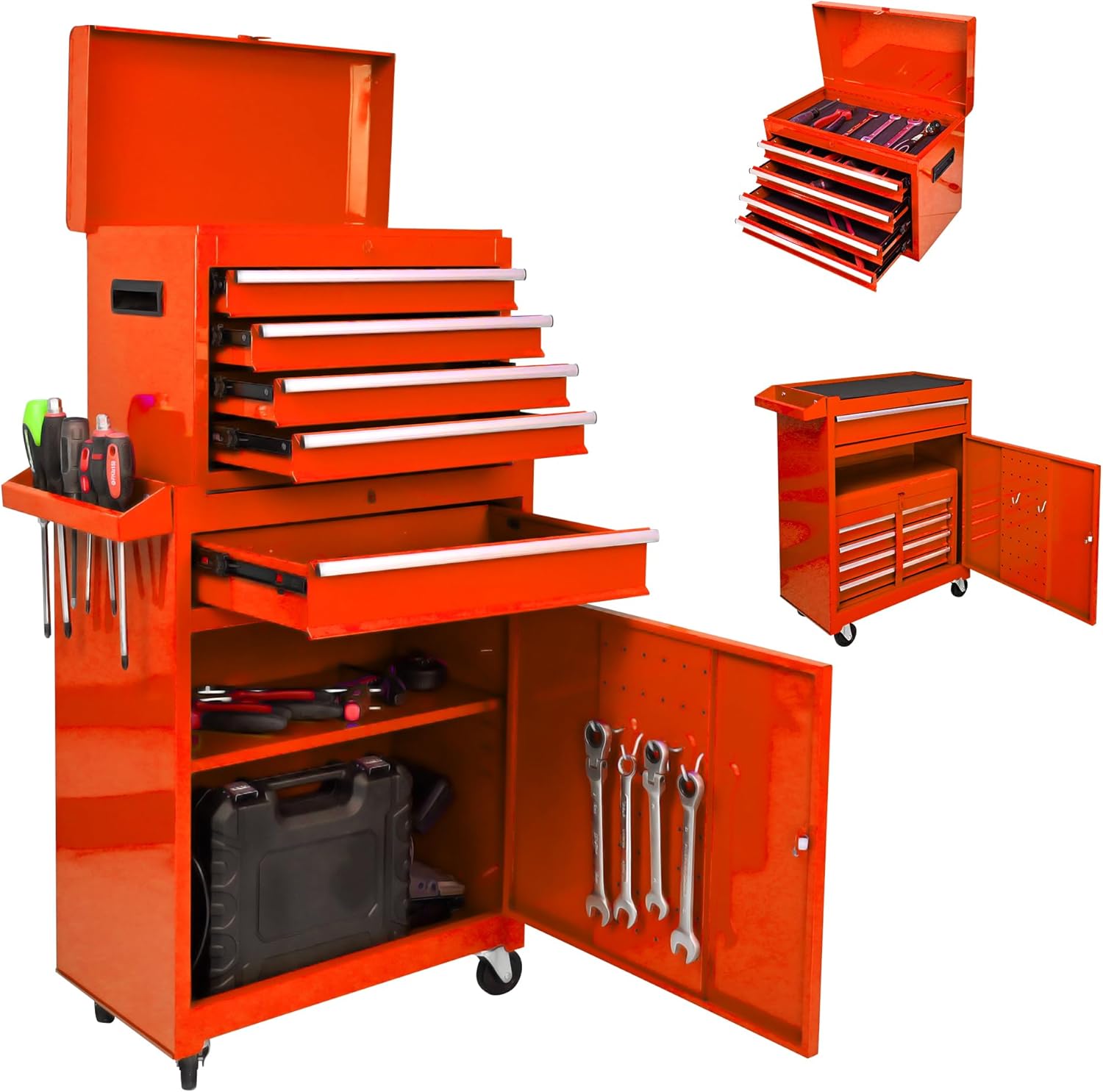5-Drawer Tool Chest, Rolling Tool Box with Detachable Top Toolbox & Universal Wheels, Tool Cabinet with Lock Bar, Protective Liner & Tool Rack, Metal Storage Cart for Garage,Workshop (Orange)