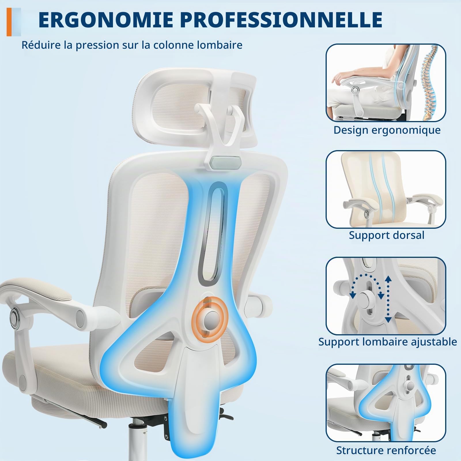 Chaise De Bureau Ergonomique, Chaise en Maille Haute Respirante avec Appui-Tête, Support Lombaire Réglable à 90°-135°, Repose-Pieds Rétractable Et Pivotant à 360° pour La Maison Et Bureau