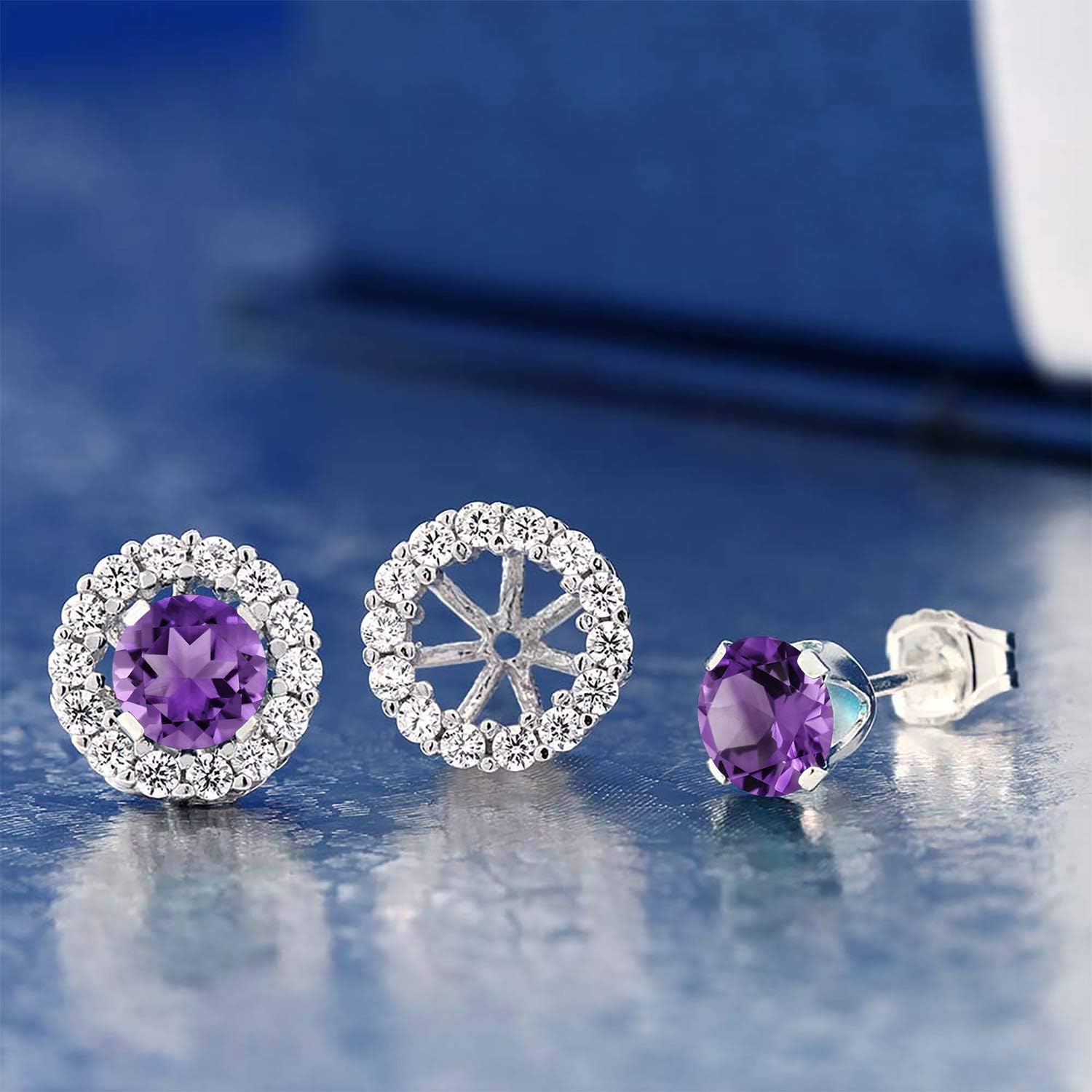 Gem Stone King 925 Sterling Silver 5MM Round Gemstone Birthstone Halo Stud Earrings For Women with Removable Jackets