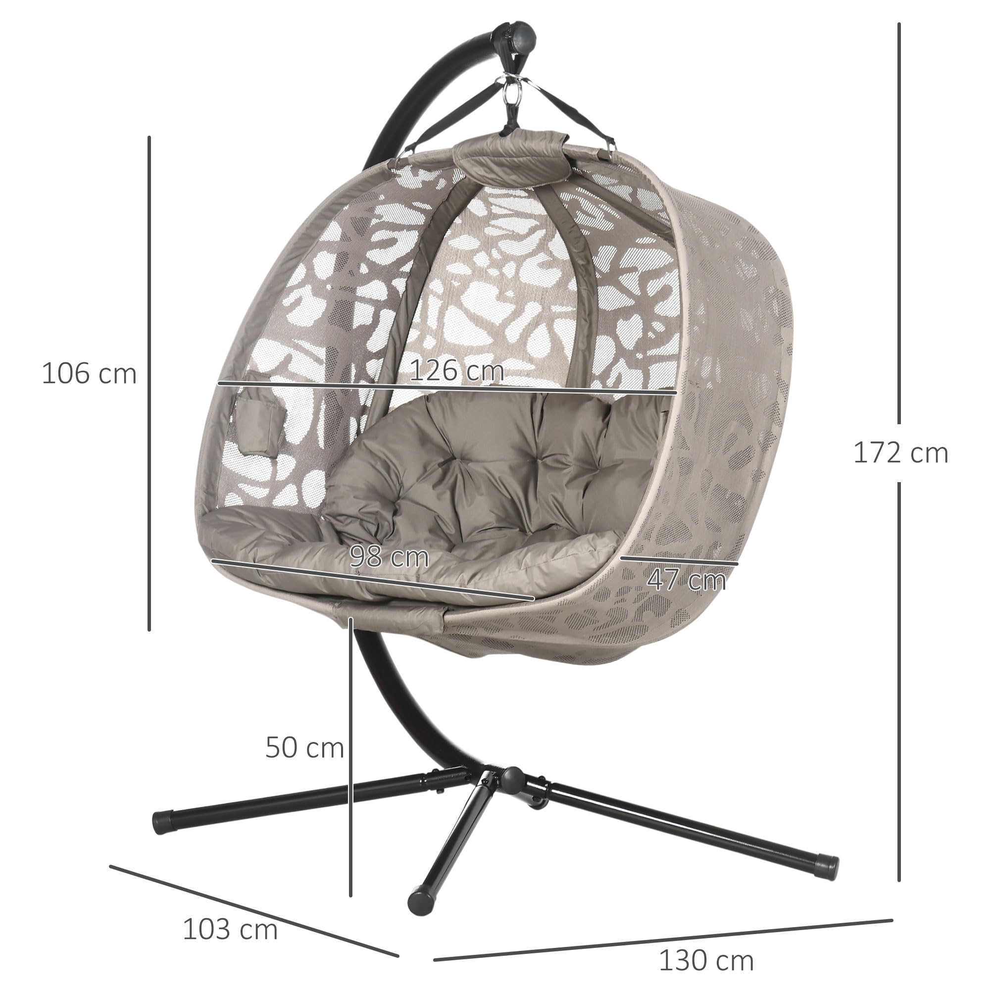Poltrona Sospesa Dondolo da Giardino con Struttura in Acciaio e Cuscino 2 Posti con 2 Tasche e Cesto Pieghevole 130x103x172 cm