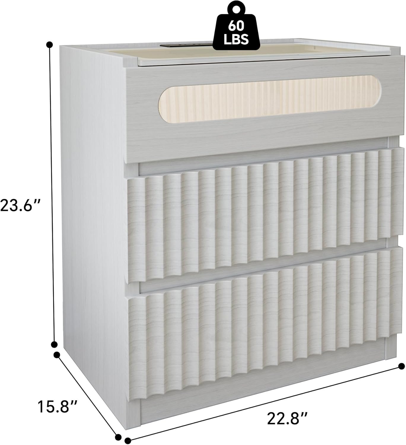 NightStand Set of 2 with Charging Station,with LED Lights and Tempered Glass Panel,Modern Bedside Tablewith 2 Fluted Drawers and One Glass Drawer,Hidden Handles End Table,Bedroom of Nightstand(White)