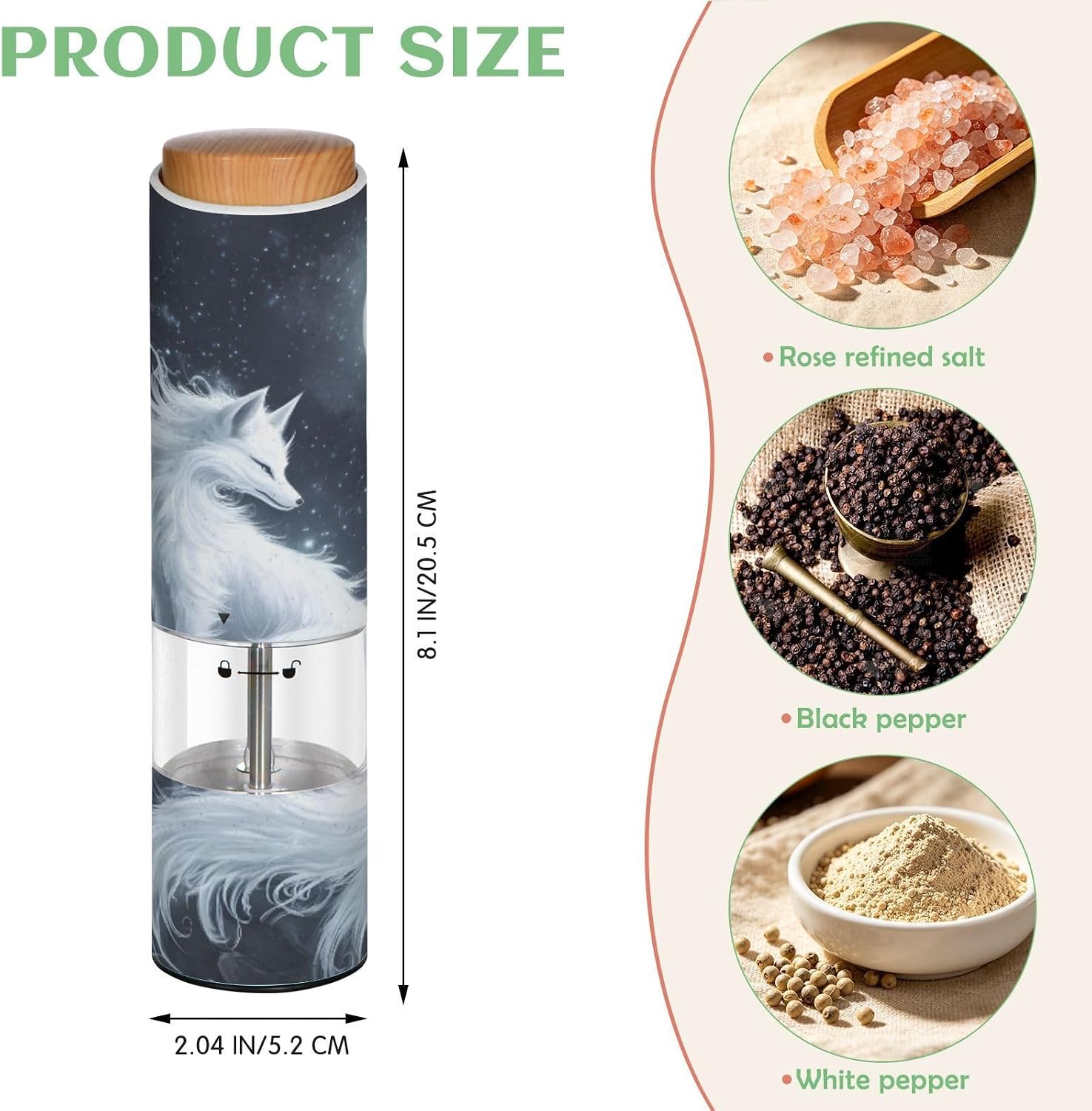 ALAZA Electric Pepper Grinder with Adjustable Coarseness, White Fox Moon Battery Automatic Salt and Pepper Mill with Led, One-Handed Operation Spice Grinder for Kitchen, Camping & BBQ