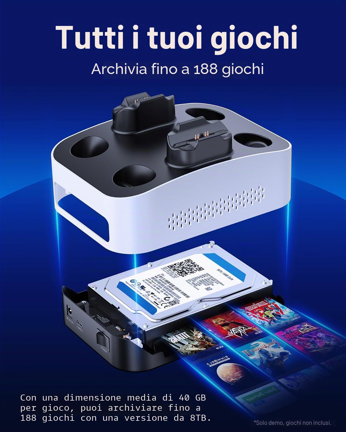 GRAUGEAR HDD Esterno 8TB per PS5 e Slim con Stazione di Ricarica DualSense, Disco Rigido USB-C 3.5 Pollici, Compatibilità Edge Controller