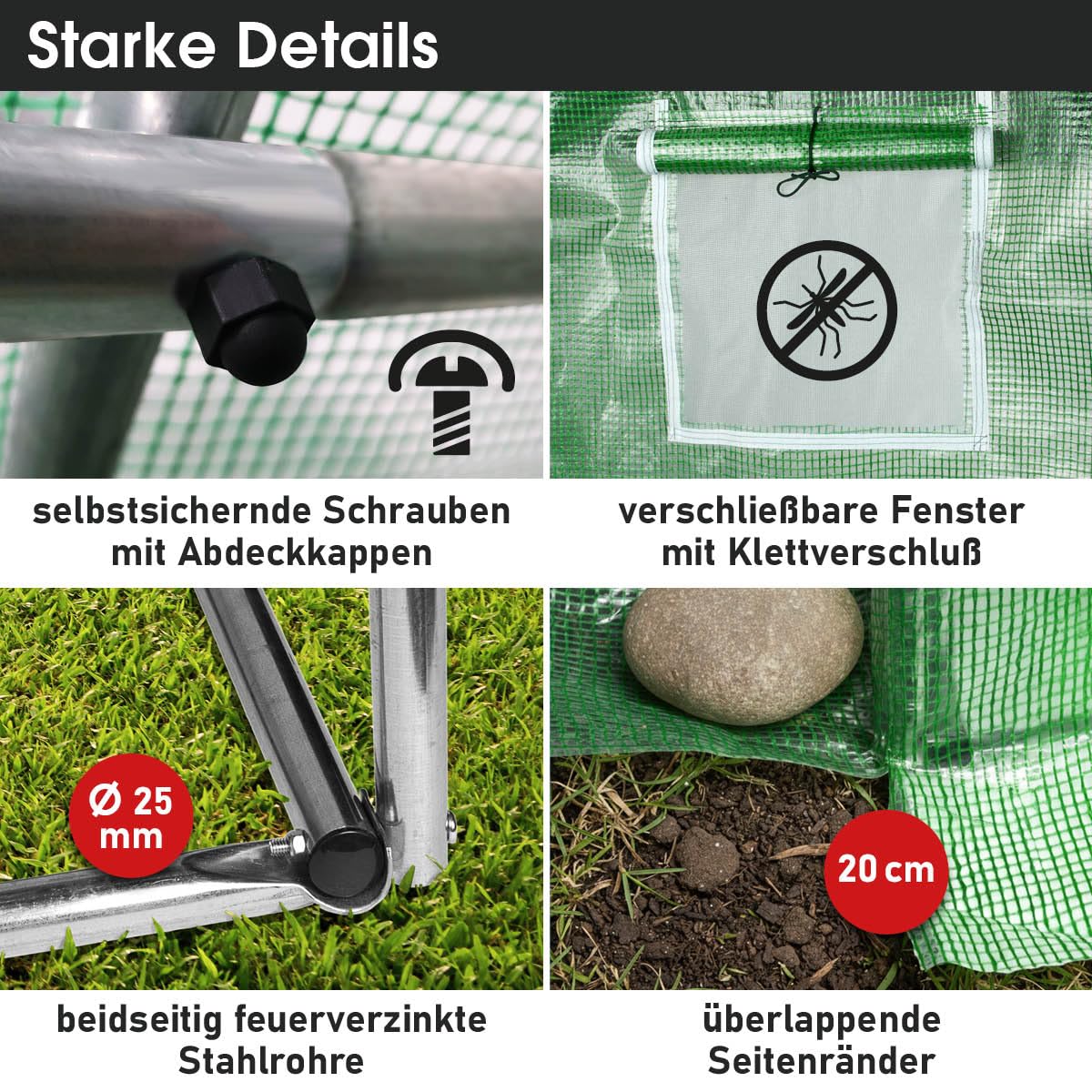 BRAST Gewächshaus Foliengewächshaus mit Stahlfundament | 2x3m - 3x8m | inkl. Erdanker Unkrautvlies & 6 Aufrollbare Fenster mit Moskitonetz | UV-stabilisierte Gitterschutzfolie 200g/m² | 200x300cm