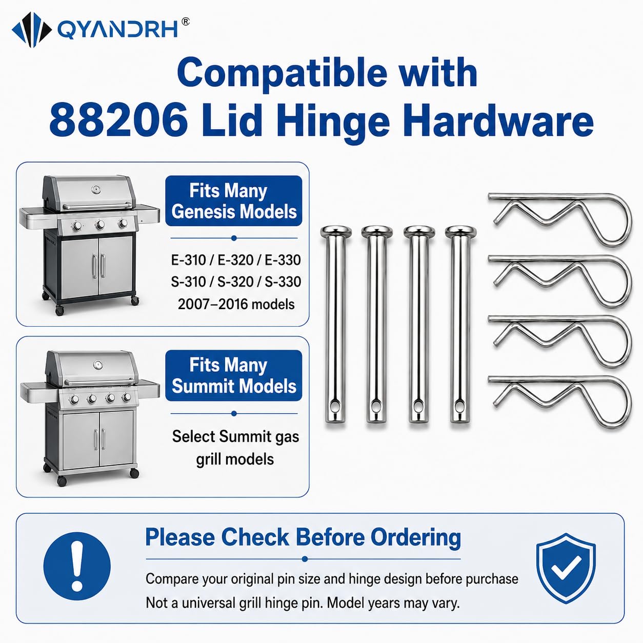 4-Pack 88206 Stainless Steel Grill Hinge Pins | Fits Weber Genesis & Summit Models | Lid-to-Firebox Hardware Kit