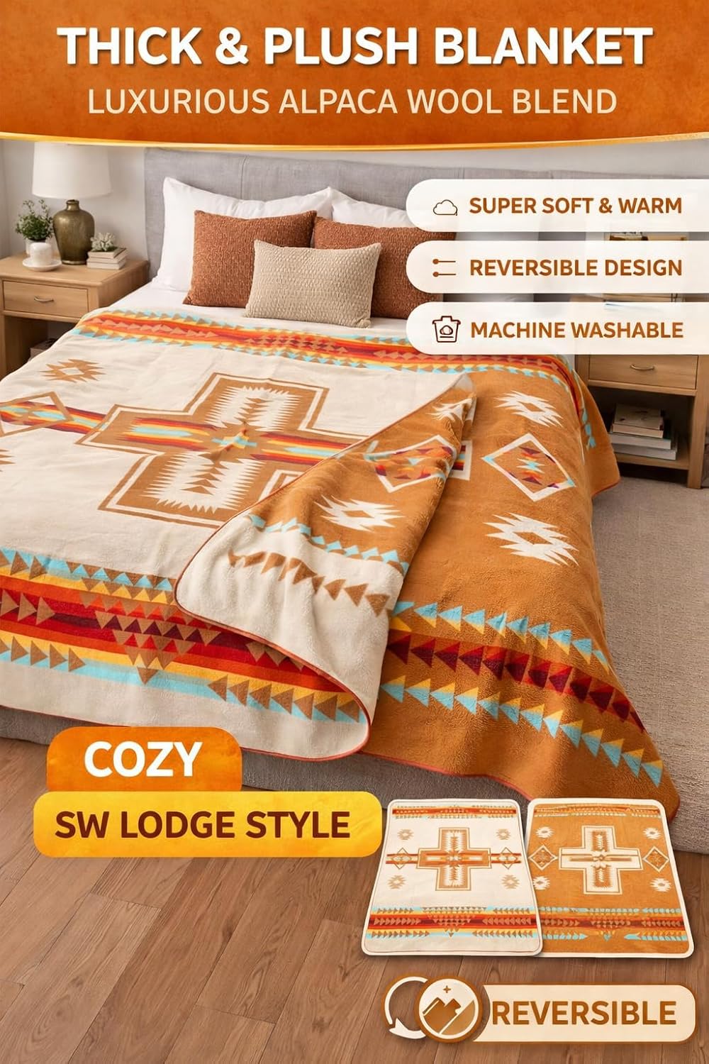 Alpaca Wool Blanket 90 x 78 Inches | Reversible 2-in-1 Throw | Thick, Ultra Soft, Breathable & Hypoallergenic | Non-Itchy | Handmade in Ecuador | Andean Design(Beige)