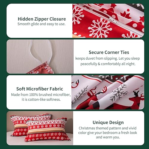 Miniatura 6 de MILDLY - Juego de funda de edredón de Navidad, diseño de renos, copo de nieve, ligero, suave, de microfibra, juego de cama bohemio de 3 piezas (sin