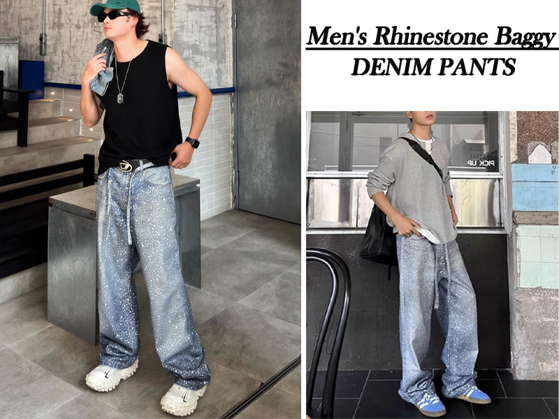 Mens Rhinestone Jeans Vintage Baggy Sparkly Pearl Bling Jeans Chic
