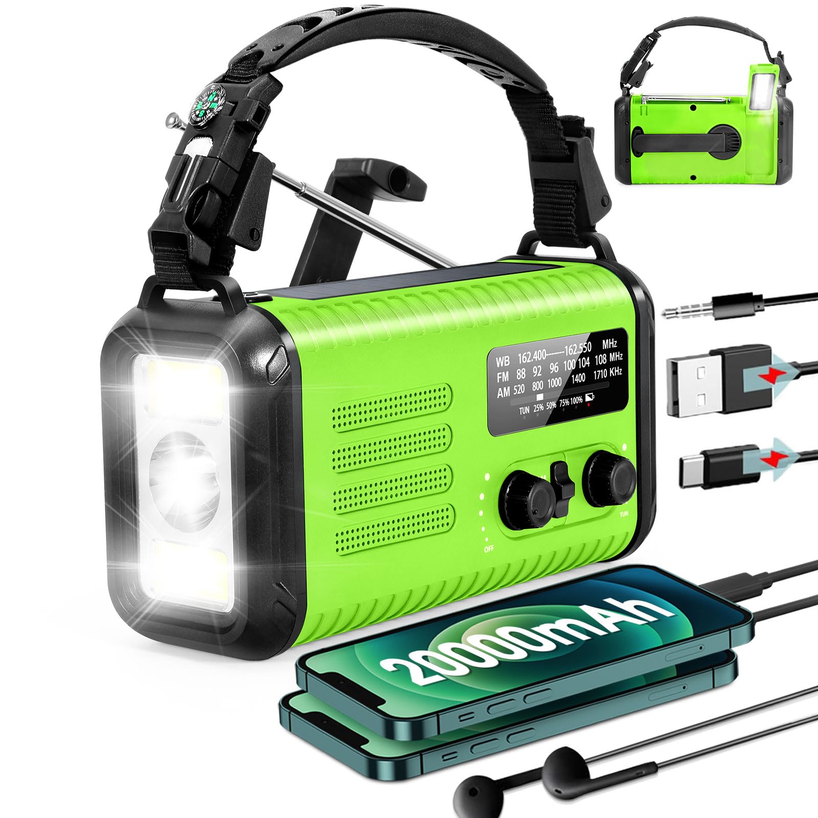 Notfall-Handkurbelradio, 20.000 mAh/74000 mWh, AM/FM/NOAA Wetterradio