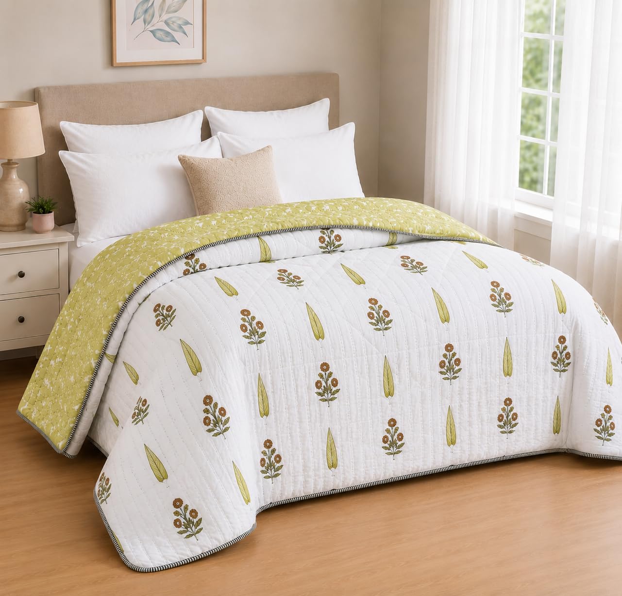 Amazon Brand - Umi Double Bed Cotton Quilt 84 x 96 Inches | Reversible Cotton Razai | Soft Breathable Comforter | Floral Printed Blanket | Lightweight AC Quilt | Premium Bedding | Machine Washable-picture-27