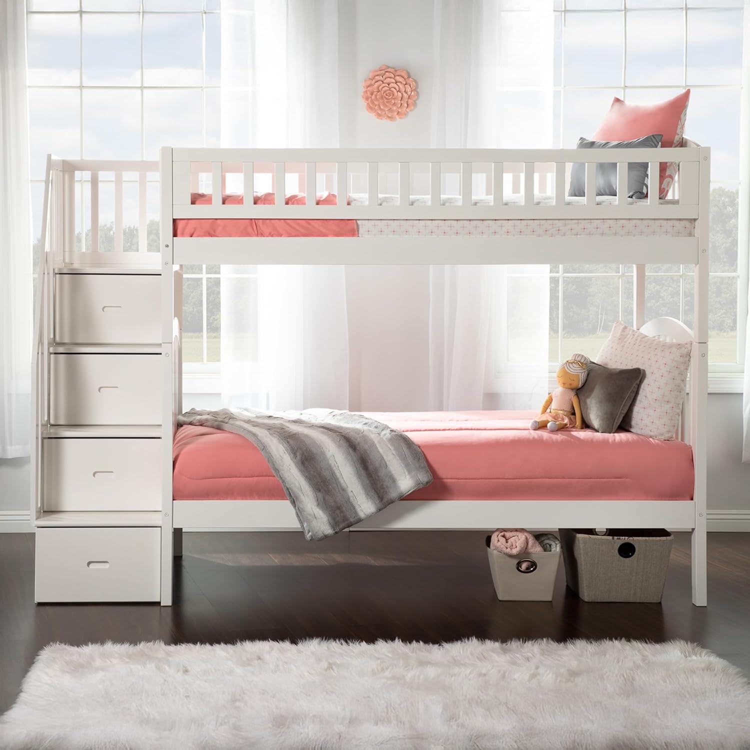 AFI Westbrook Staircase Bunk Twin Over Twin with Turbo Charger in White