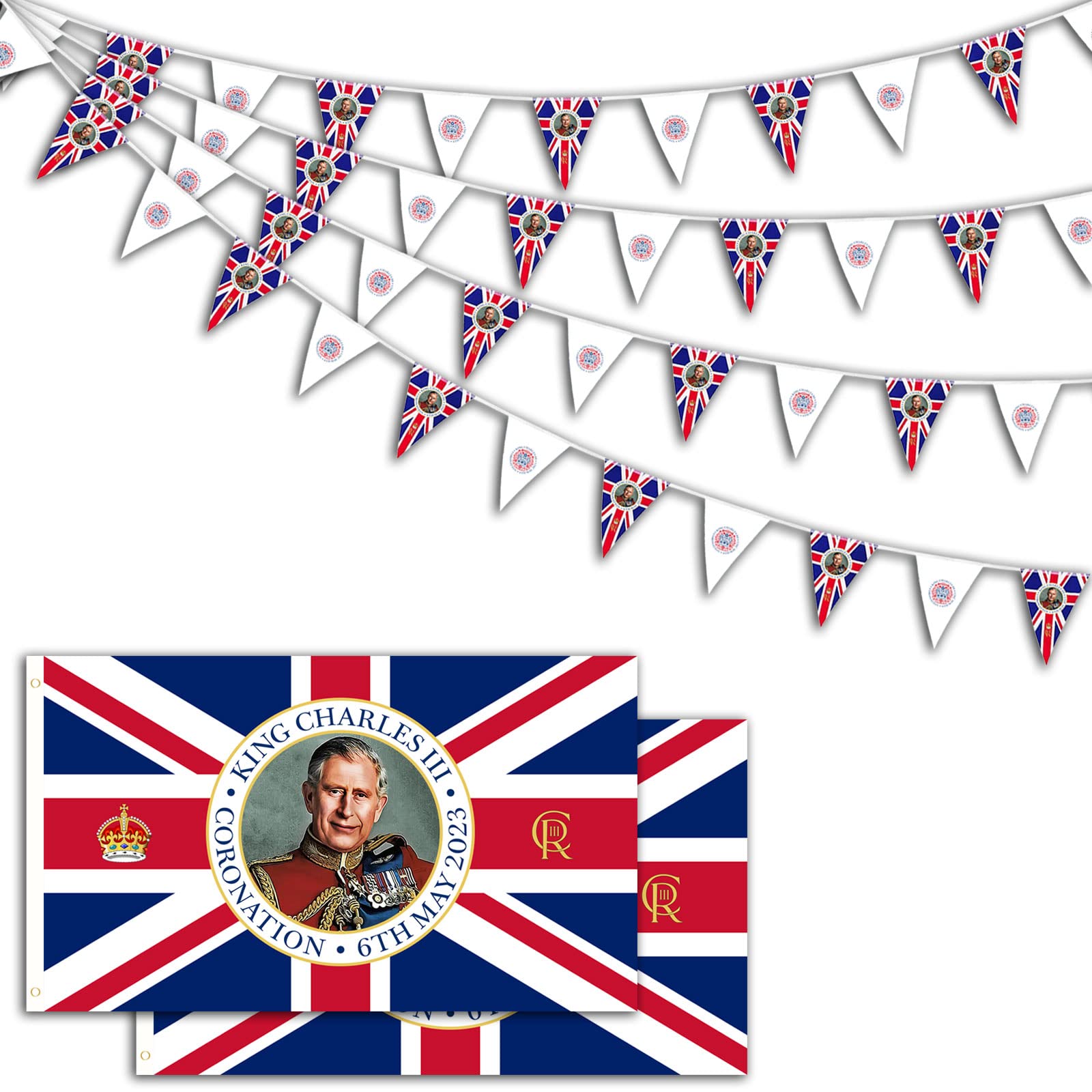 KarditionBunting for King Charles III Coronation - 40PCS Fabric Jubilee Bunting (10M), 3ft x 2ft Jubilee Flags x2 - Union Jack Bunting
