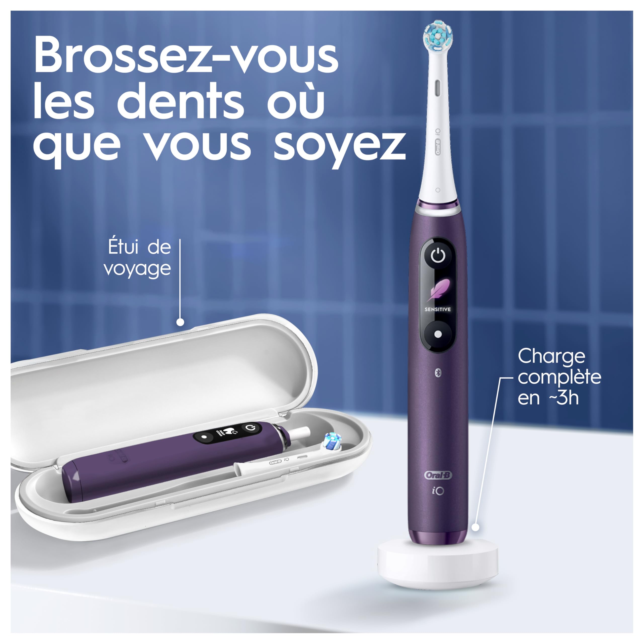 Oral-B iO 8 Brosse À Dents Électrique Blanche, Un Capteur Signalant Le Pression Pour Protéger Les Gencives, Des Accessoires, 2 Brossettes De Rechange, 1 Chargeur, 1 Étui De Voyage, Emballage En Carton