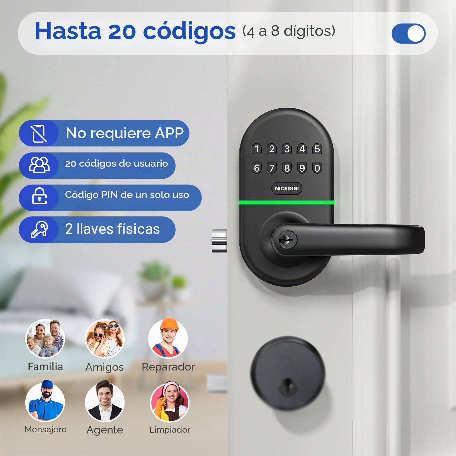 Cerradura de puerta NICE DIGI con teclado inteligente y asa: entrada sin llave, perilla de código electrónico, fácil instalación