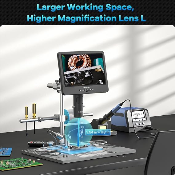 LM249MS Plus 3 Lens 10.1 HDMI Digital Microscope for Adults 2000X, Soldering Microscope Station for Electronics Repair, 13 Boom Arm Stand, Soldering Mat Helping Hands, 2160P UHD Video, 32GB