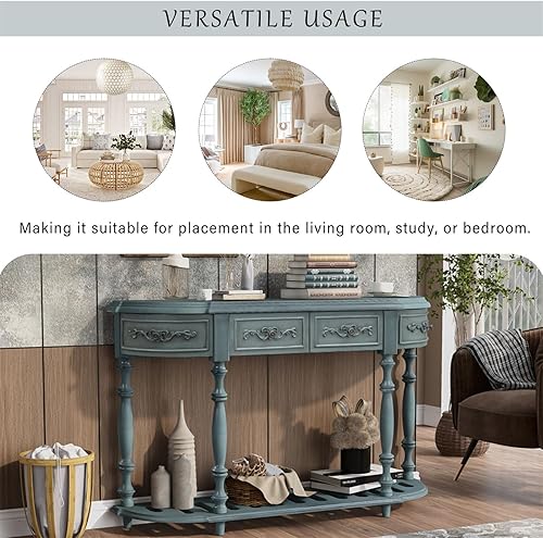 Miniatura 7 de Polibi Mesa consola curvada retro con estante de estilo abierto y 4 cajones superiores, mesa de entrada de media luna de 52 pulgadas de ancho con