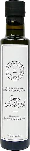 Zakarian: Aceite de oliva de salvia extra virgen prensado en frío, hecho de aceitunas griegas orgánicas y salvia, 8.5 fl oz, ultra premium, baja
